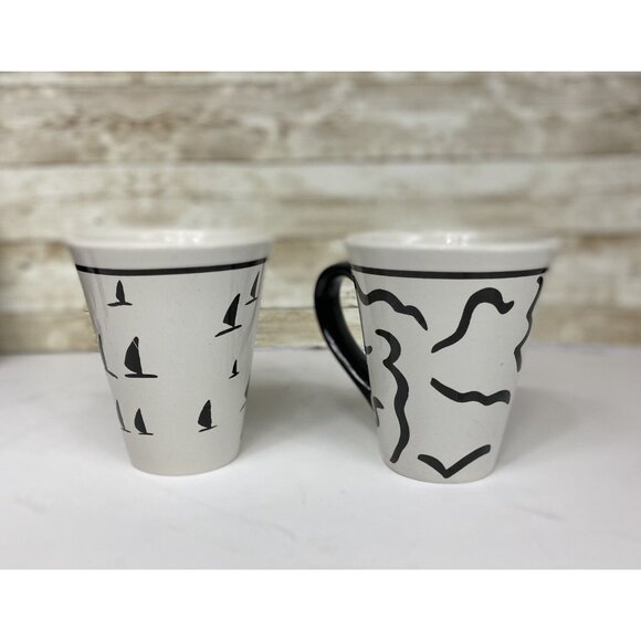 Pair Croix Du Sud Large Ceramic Mugs Coffee Cup B&W Sailboats Abstract Lot 2 - Picture 6 of 11